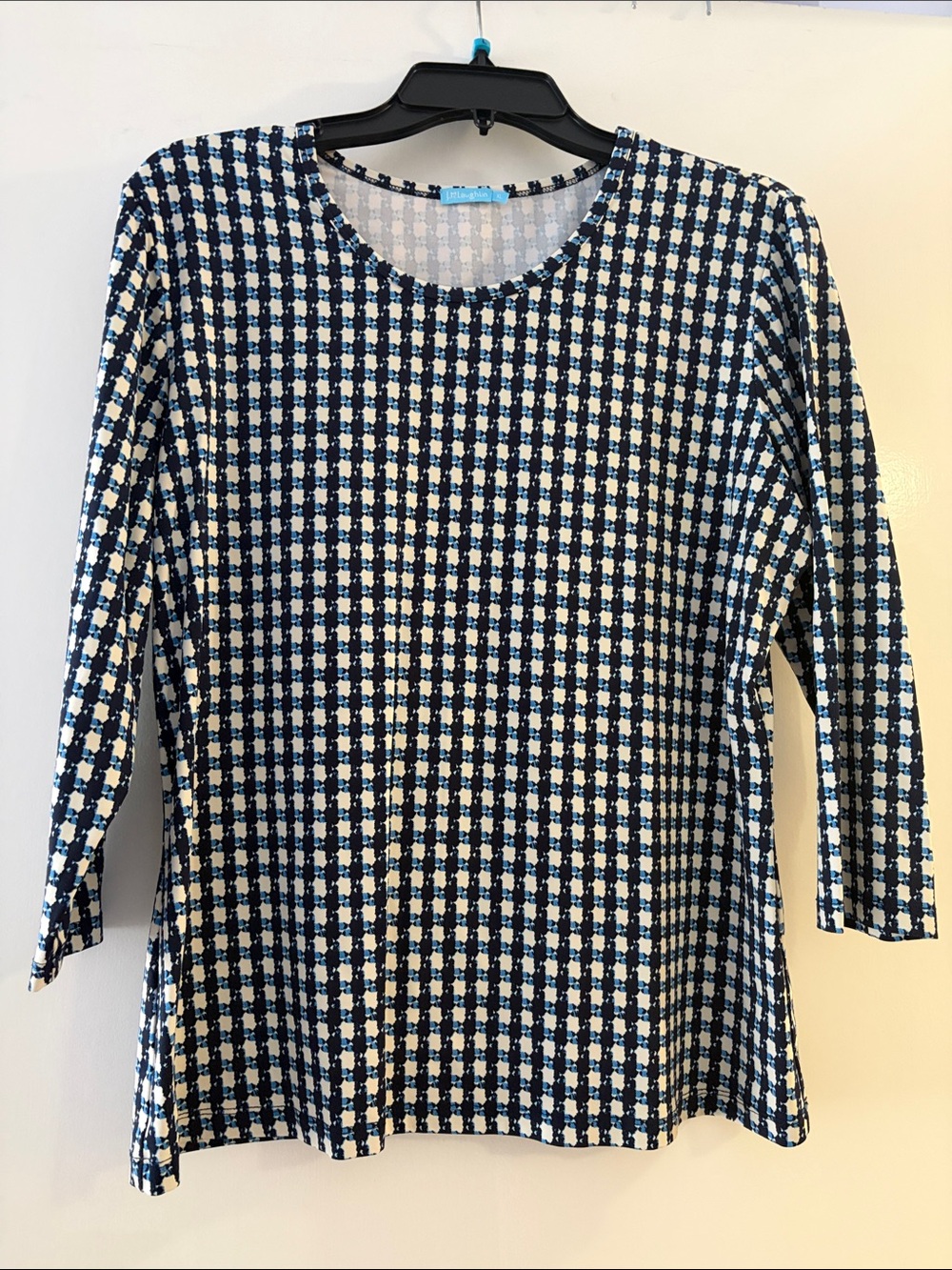 J. McLaughlin Navy and White Geo-Check Long Sleeve Tee